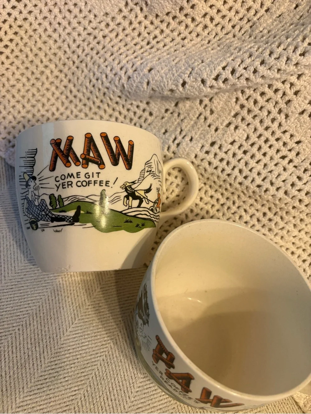 Vintage Maw and Paw Coffee Mugs with Green and Orange Rustic Print - Set of 2